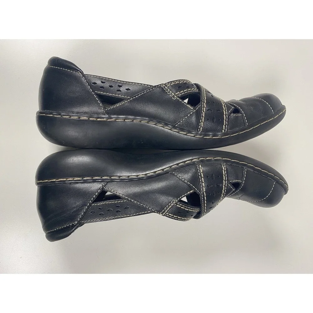 Clarks Ashland Spin Q Womens Size 8.5M Black Tan Leather Loafer Mary‎ Jane Shoes